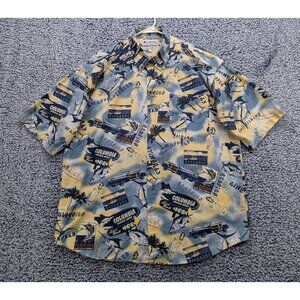 VTG Columbia Fishing Shirt Mens L Button Up Fishing Beach Tropical Hawaiian Blue